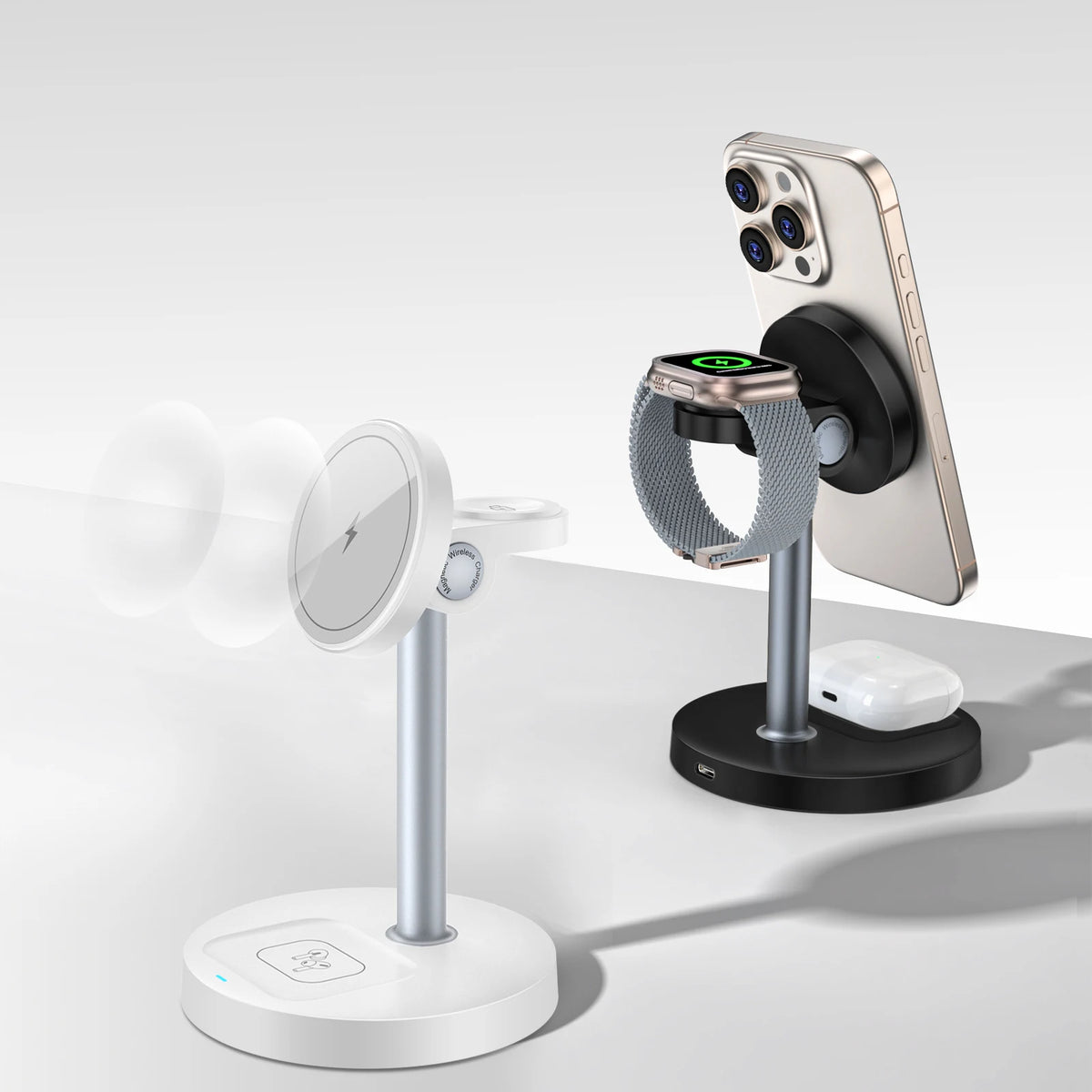 Ampovo magnetic charging station product photo with iPhone, Apple Watch, and AirPods