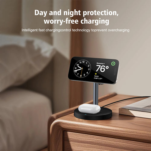 Ampovo charging stand with digital display on a wooden desk