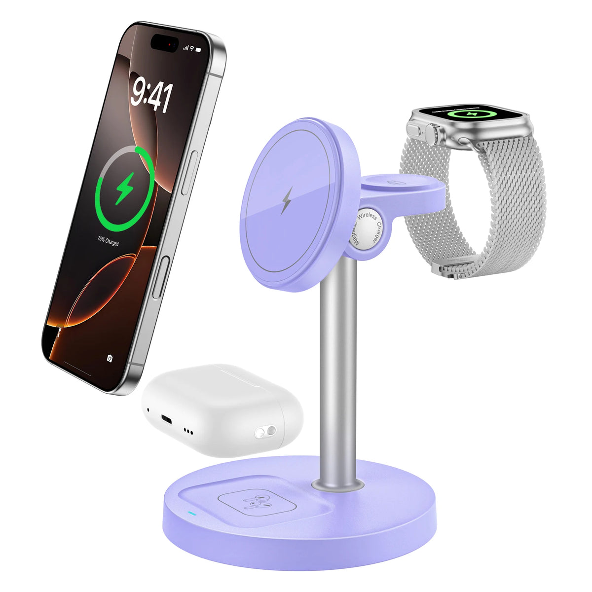 Ampovo wireless charging stand with smartphone, smartwatch, and earbuds